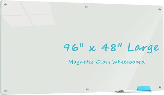 Large Glass Dry Erase Board, 96 x 48 Inches Magnetic Glass Whiteboard for Wall, 8' x 4' Frameless White Board for Office, Home, School
