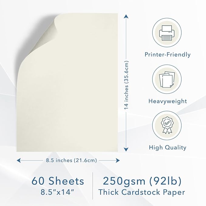 MOS Off-White Legal Cardstock Paper 8.5 x 14 Inch (60 Sheets) — Heavyweight 250 GSM Cover Stock for Certificates, Menus, Legal Documents, Crafts, Printer Compatible