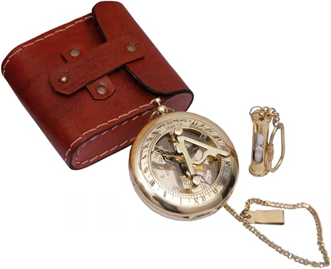 Handcrafted Vintage Brass Sundial Compass – Antique Nautical Sun Clock with Leather Case – Engraved Collectible Brass Compass Gift for Men - Nautical Gifts for Men, Anniversary Vintage Gifts