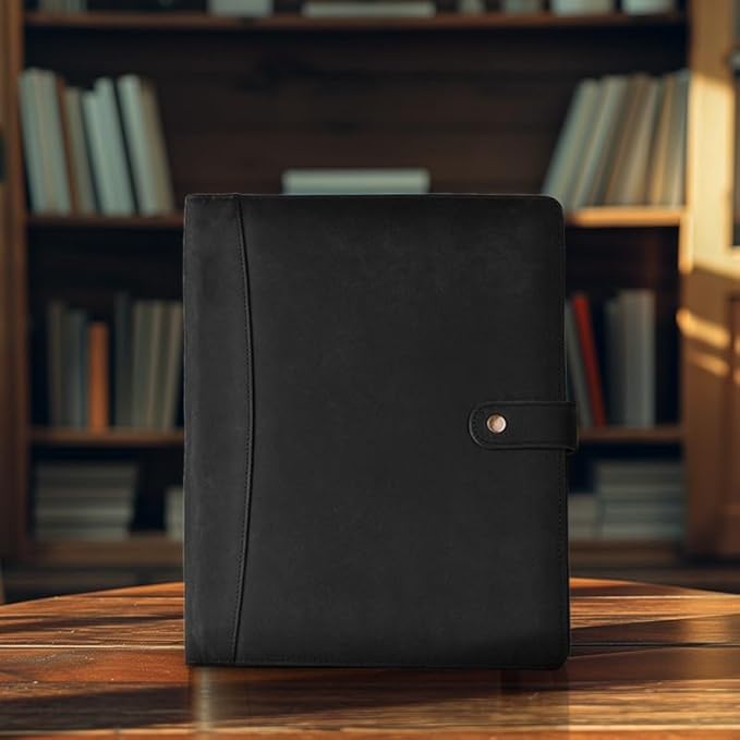 Leather Village Leather Portfolio Organizer - Professional Business Padfolio for Men & Women - Stylish Document Card Holder, Resume Folder, Folio for A4/Letter Size Writing Legal Pad, Black