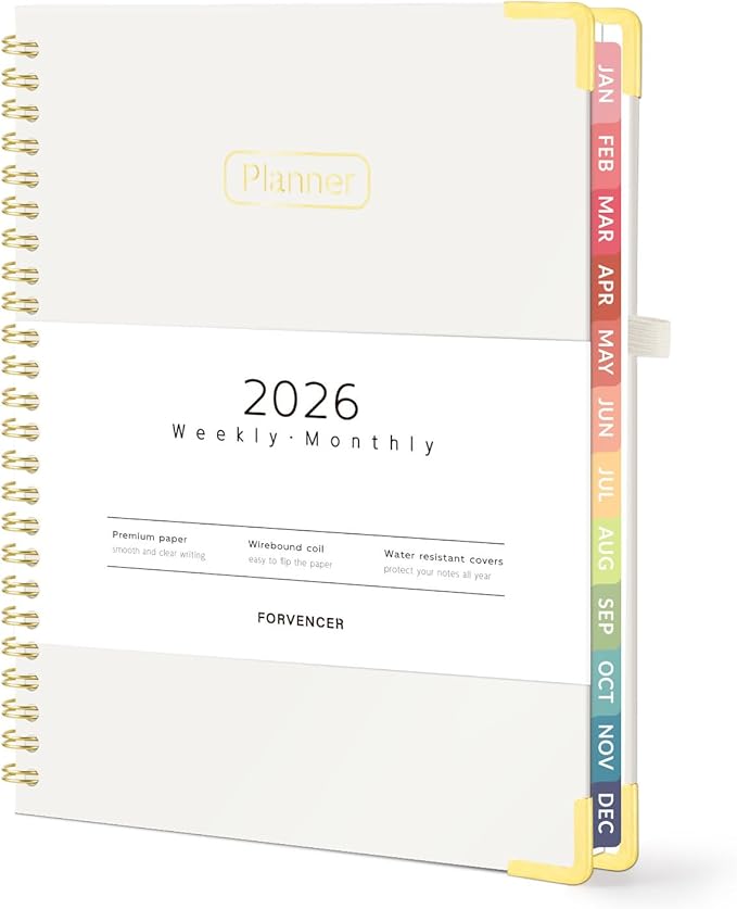 Forvencer 2026 Planner, Hardcover Calendar Planner Weekly and Monthly, Jan 2026 - Dec 2026, 6" x 8", Spiral Agenda Book with Tabs, Exquisite Daily Journal Organizer for Home School, Beige