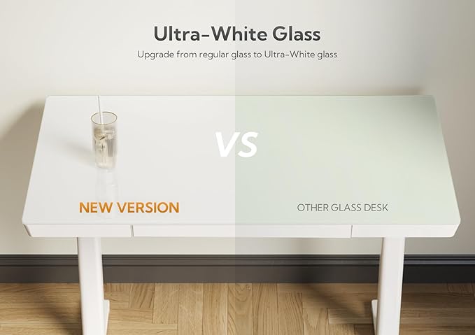 Claiks Glass Standing Desk with Drawers, 55 Inch Adjustable Stand Up Desk, Quick Install Home Office Computer Desk with USB Ports, White