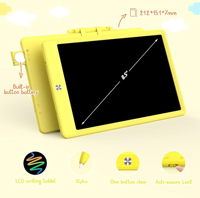 BUKEBU Toddler Toys for 3-6 Years Old Girls Boys, LCD Writing Tablet 8.5 Inch Doodle Board, Electronic Drawing Tablet, Drawing Pads,Travel Gifts for Kids Age 3 4 5 6 7 Year Old Girls Boys (Yellow)