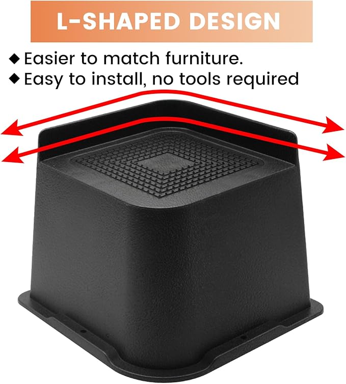 MXMZHXU Bed Risers 2 inch, 3 inch, 4 inch, 6 inch or 8 inch Heavy Duty Furniture Risers, Up to 6000 Lbs L Shaped Design Bed Lifts Blocks for Couch Desk Sofa Table (Black, 4 Inch 4 Pack)