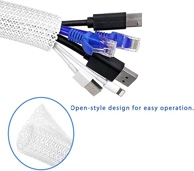 QCSIW 1/2" x25ft Braided Cable Sleeve – Split Self-Wrapping Wire Loom Tubing for USB, Power, Audio/Video Cords – Chew-Resistant Cord Protector, White Expandable Sleeving