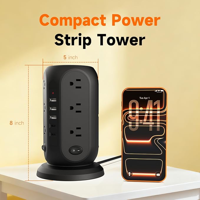 Tower Power Strip with 12 Outlets and 5 USB Ports (2 USB-C), Flat Extension Cord 10 Ft, Surge Protection 1250W Multiple Outlets Charging Station for Home Office Dorm Room
