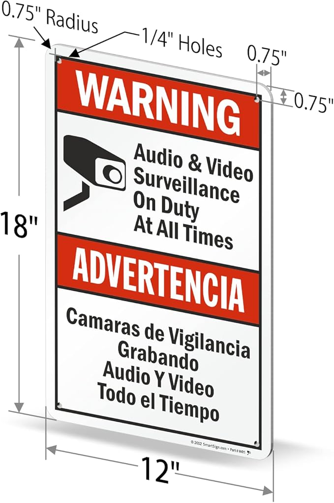 SmartSign 18 x 12 inch “Warning - Audio & Video Surveillance On Duty At All Times” Bilingual Sign, Digitally Printed, 55 mil HDPE Plastic, Red, Black and White, Made in USA