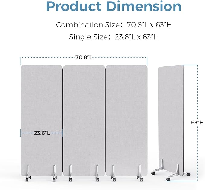 MORDEER 70.8" W x 63" H Freestanding Partition Room Dividers, Acoustic Panels with Wheels, 3 Soundproof Privacy Panels for Office, Reception Room, School, Hospital, Light Grey