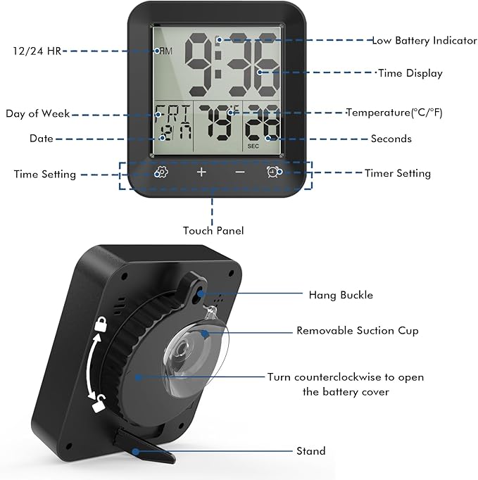 Wisoee Waterproof Shower Clock Timer, Bathroom Clock with Countdown, Touch Screen, Indoor Temperature, Suction Cup, LCD Digital Wall Clock for Bath, Kitchen