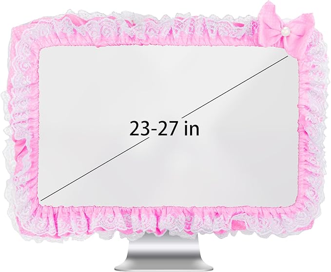 Kingshion 23"-27" Lovely Cute Computer Monitor Cover with Lovely Cute Elastic Pen Pocket Bow-knot TV LCD Screen Monitor Decoration Dust Cover Protector, Lace Fabric, Pink