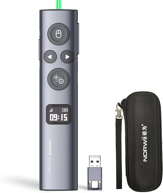 Norwii N95s BLE Presentation Clicker with Digital Pointer for PowerPoint Presentation on TV Screen and Projection Screen, Wireless Presenter Remote with Countdown Timer (Green Light-USB-AC)