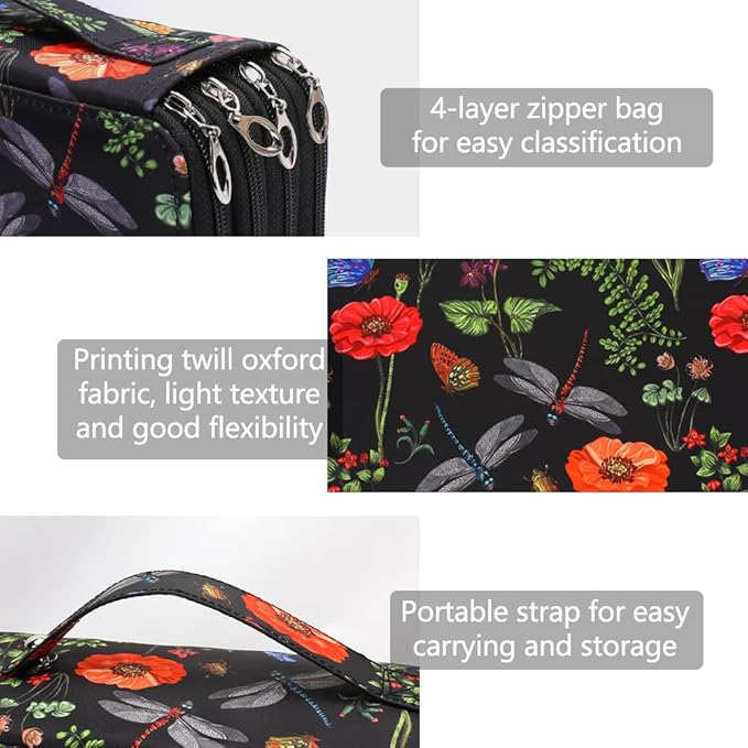 Vomgomfom Colored Pencil Case - 200 Slots Holder With Zipper Closure, Twill Fabric Large Capacity for Watercolor Pens or Markers, Organizer for Artist (Black)