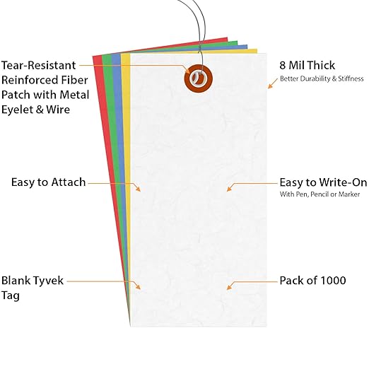 SmartSign (Pack of 1000) 4.75 x 2.375 inch Multi Colored Blank Tyvek Shipping Tags with Wires, Size #5, 8 mil Thick Tyvek