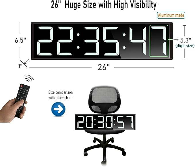 ETEBRG 26'' Huge Digital Wall Clock, Home Gym Interval Workout Timers, with Countdown, Stopwatch, 7-Color Light, 8-Alarms, Calendar/Temperature Display, for HIIT/Tabata/FGB/EMOM (White)