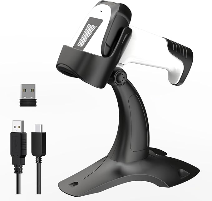 Laser Wireless Handheld Barcode Reader with Stand Bluetooth & 2.4Ghz and USB Wired 3 in 1 Working 1800mAh for Computer POS, Handheld 1D Bar Code Reader for Warehouse Library Supermarket
