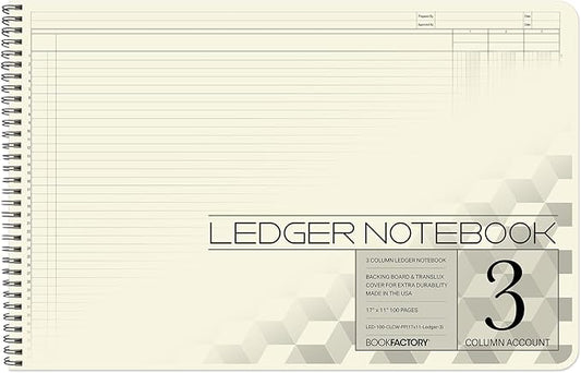 BookFactory Accounting Ledger Notebook/Large 3 Column Accounting Ledger Columnar (Three Columns) Log Book - 17'' x 11'', 100 Pages, Wire-O Landscape Format (Made in USA)