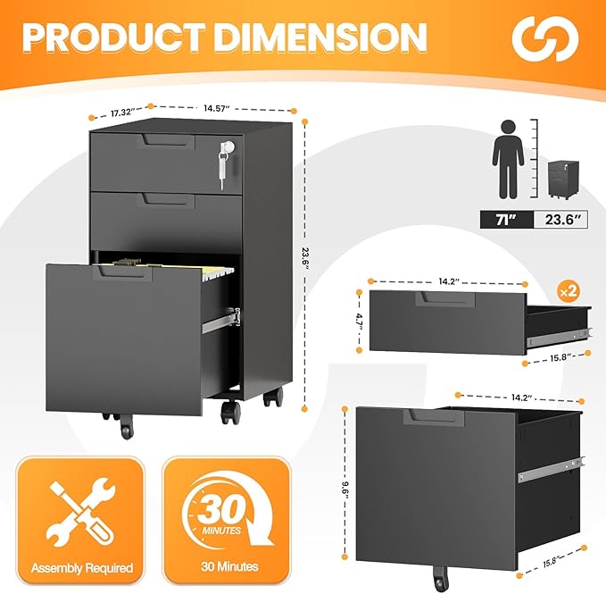 AFAIF 3 Drawer File Cabinet with Lock, Fully Assembled Metal Mobile Filing Cabinets for Home Office, Small Rolling File Caninet on Wheels for Legal/Letter / A4 File, Black
