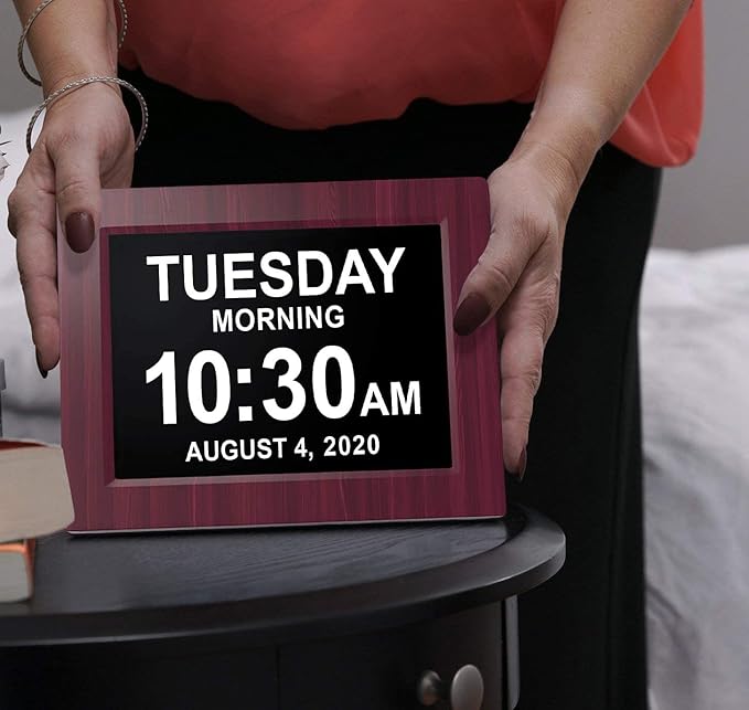 American Lifetime, New Version, Day Clock Extra Large Impaired Vision Digital Clock with Battery Backup and 5 Alarm Options, Premium Mahogany Color, 8 inch