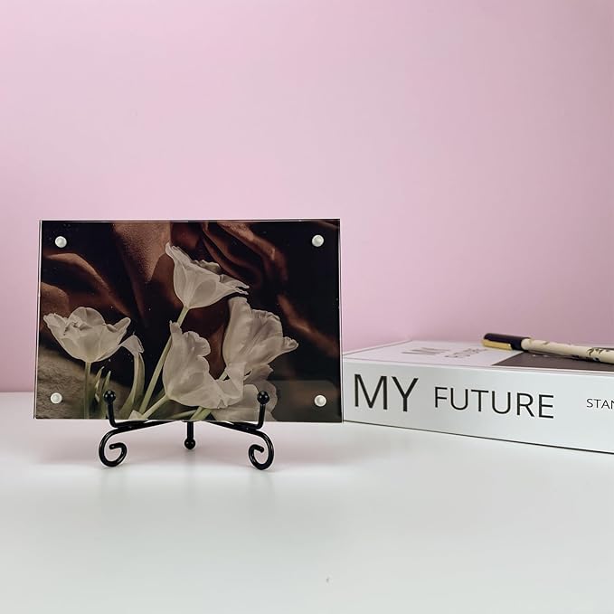HENABLE 4PCS Premium Black Iron Plate Stands for Display 4 Inch, Decorative Solid Metal Plate Holders for Displaying, Mini Easel, Frame, Book, Card, Plaque, Bowl, Picture Stands for Display