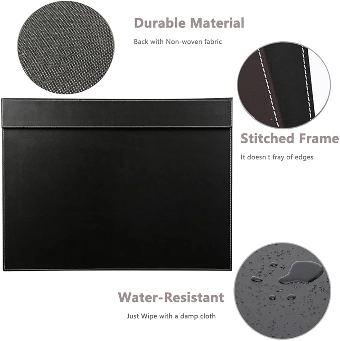 KINGFOM Ultra-Smooth PU Leather Desk Pad & Mat Office Desk Drawing & Writing Board A3/ A4 File Paper Clip Table Protector Mat on Top Large 24''x18'' (Black)