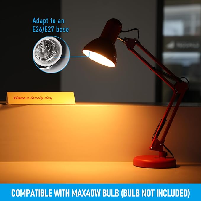 TORCHSTAR Metal Desk Lamp with Clamp, Swing Arm, Architect Adjustable Gooseneck Table Lamp, Clip Desk Lights for Home Office, Work, Study, Reading, E26 Base, Multi-Joint, Red