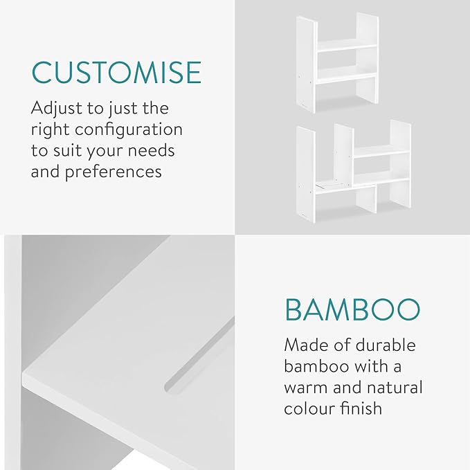 Navaris Desk Organizer Shelf Unit - Desktop Shelves for Table or Countertop - Free-Standing Adjustable Bamboo Shelving for Kitchen or Office - White