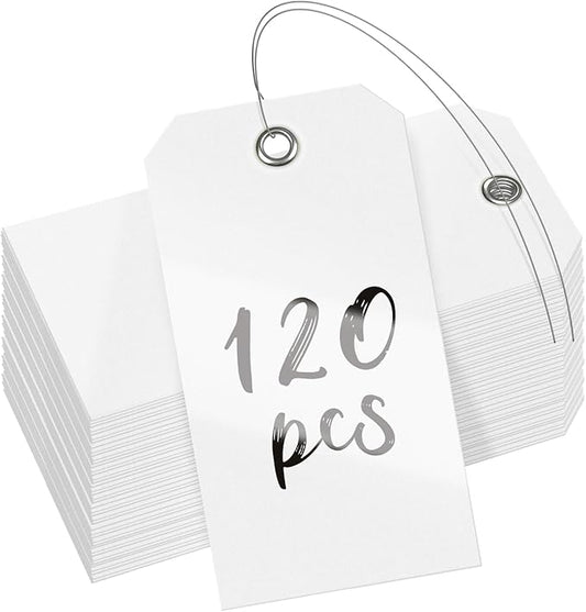 Uniclife 120 Pcs White Plastic Tags for Labeling 4.7"x 2.36" Plastic Shipping Tag with Wire Writable Waterproof Tag Price Tags with Reinforced Eyelet Blank Hang Label for Luggage