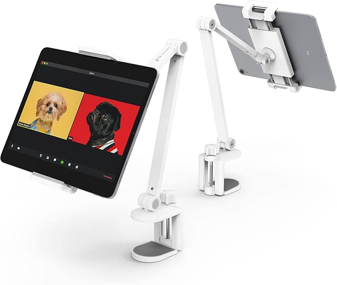 iPad Desk Mount, Adjustable Tablet Holder Clamp, 360 degree Rotation, Sturdy Aluminum Tablet Arm Mount for 4.7"-13" iPad Pro/Air/Mini, iPhone, Galaxy Tab, for Kitchen, Work, Video Call(White)
