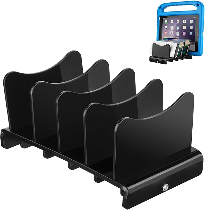 CaSZLUTION Acrylic Multi Device Organizer Stand Base for Portable Charger Power Banks, 4 Slots Desktop Storage Holder Compatible with USB Battery Pack, Phones and Tablets (Stand Only) - Black