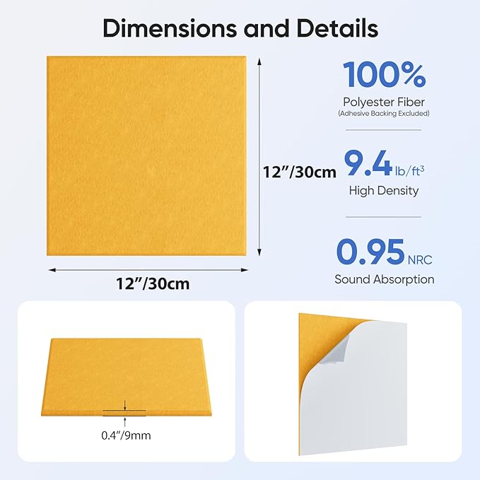 UNECHO 12 Pack 12" X 12" X 0.4" Acoustic Panels for Wall Sound Absorbing,Square Self-Adhesive Sound Panels, High Density Suitable for Multiple Scenarios(Orange)
