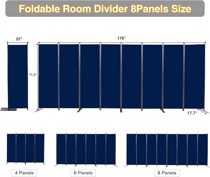 CHOSENM Room Divider, 8 Panel Folding Privacy Screens with Wider Support Feet, 6 Ft Portable Room Partition for Room Separator, 176" W X 71" H, Navy Blue