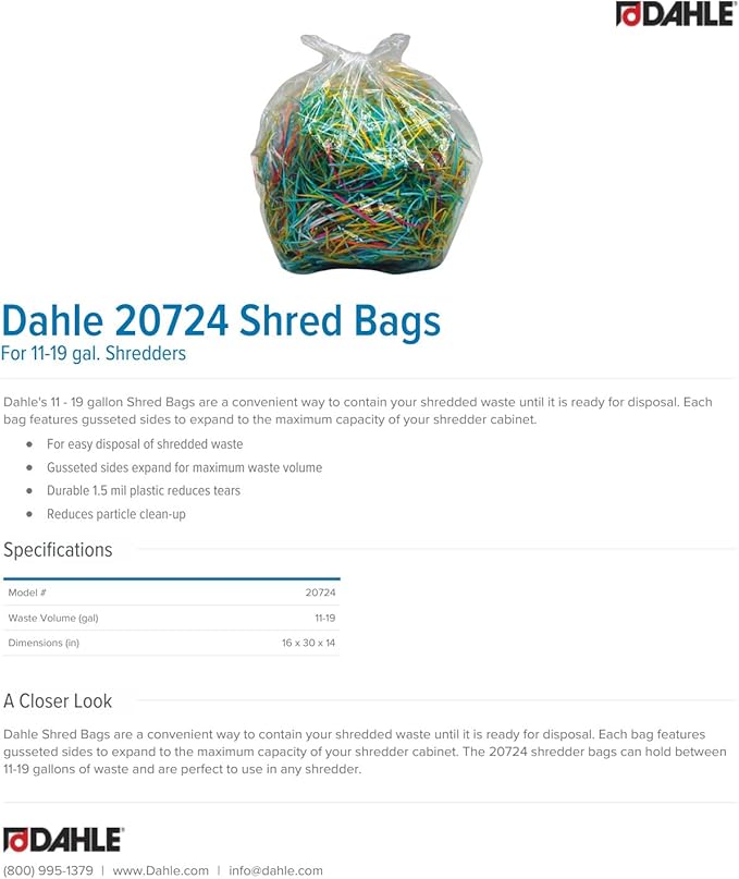 Dahle 20724 Shred Bags w/Gusseted Sides For Maximum Capacity, For Dahle 11-19 Gal Bin Shredders (Pack of 100)