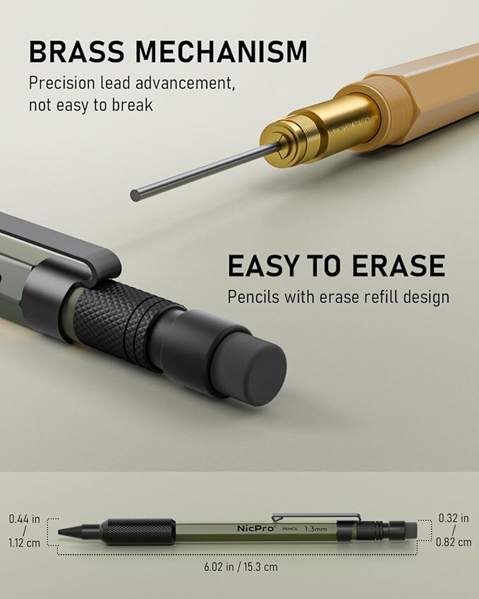 Nicpro 3 PCS 1.3 mm Mechanical Pencil Set 3 Colors with 48 Lead Refill, 3 Eraser - Weatherproof Metal MP2000 Heavy Duty Carpenter Pencil for Outdoor Marking Drafting Drawing Woodworking