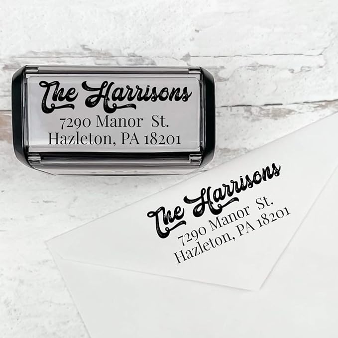 Self Inking Modern Address Stamps | Custom Return Address Stamper (Antique Script, Large)