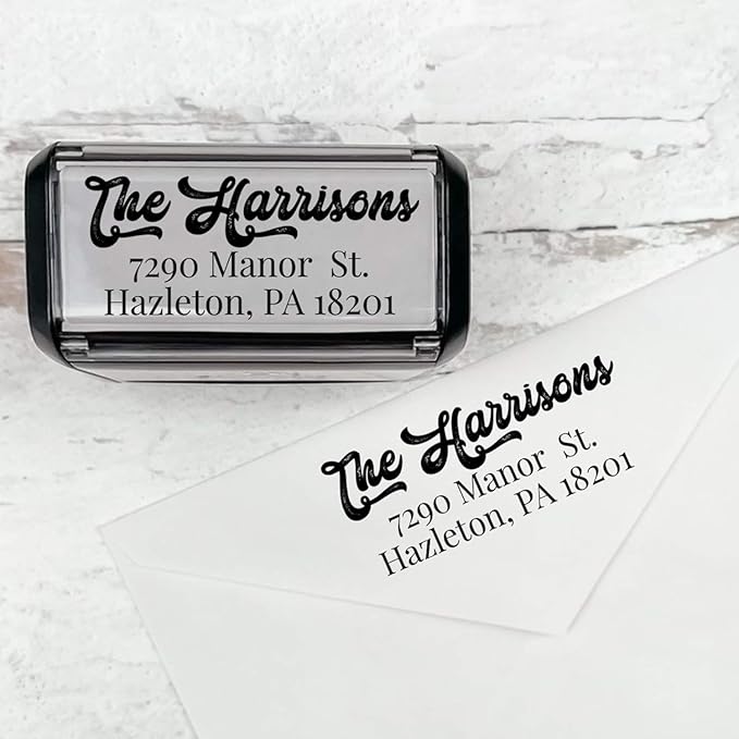 Self Inking Modern Address Stamps | Custom Return Address Stamper (Antique Script, Xtra Wide)