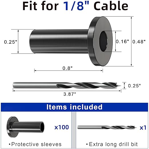 Steel DN Mate 100 Pack Cable Railing Protector Sleeves for 1/8” Deck Railing System, Black Cable Railing Kit Hardware for Wood Post, T316 Stainless Steel Marine Grade DB58