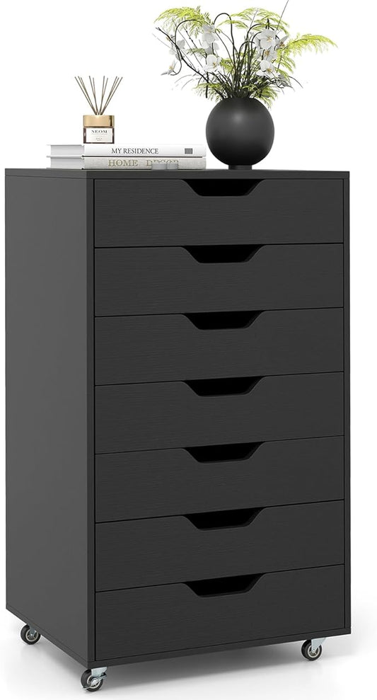 Giantex 7-Drawer Storage Cabinet, Mobile File Organizer with 4 Universal Casters, Wooden Vertical Filing Cabinet on Lockable Wheels for Office, Study, Living Room (19.5” x 16” x 34.5”,Black)