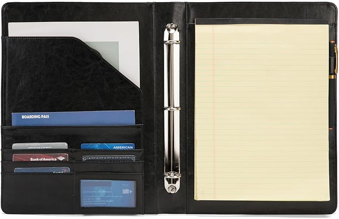 Geslun Personalized Vegan Leather 3 Ring Binder, Custom 8.5 x 11 Letter Size Folio with Pen Holder, Soft Notebook Portfolio Cover, Notepad Padfolio Organizer for Meeting, Black