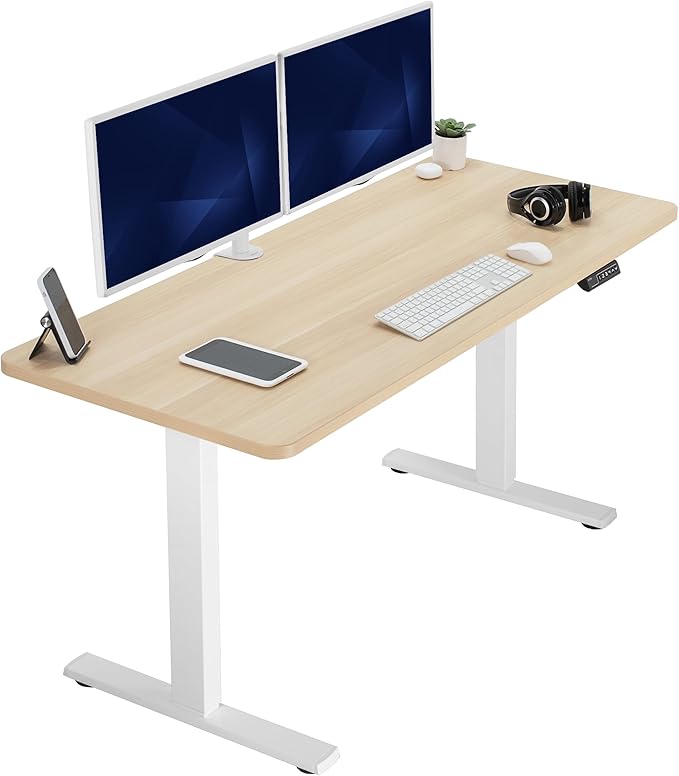 VIVO Electric 60 x 24 in Standing Desk, Memory Height Adjustment, 1B Series, Holds 220 lbs, One-Piece Light Wood Top, White Frame, DESK-KIT-1W6C
