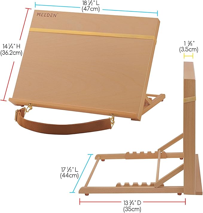MEEDEN A3 Wooden Tabletop Easel for Painting, 5-Position Adjustable Drawing & Sketching Board with Shoulder Strap, Portable Beechwood Desktop Art Easel Stand for Adults, Artists, Beginners & Student