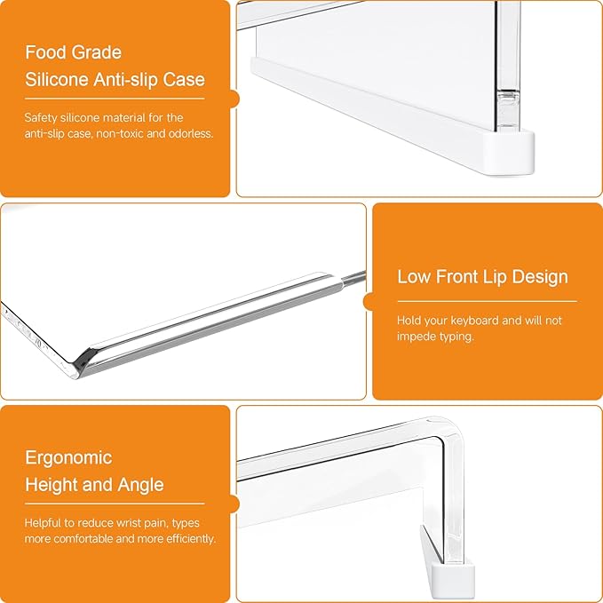 BEEGO Ergonomic Computer Keyboard Stand - 2PCS Clear Acrylic Keyboard Riser Tilted Keyboard Holder Keyboard Tray with White Non-Slip Strip for Easy Typing at Home School Office Desk Accessories