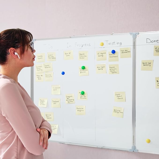 Mooliwe 72"x24" Tri-fold Cork Board Whiteboard, Foldable Combination Magnetic Dry Erase Bulletin Board & Corkboard with Aluminum Frame Wall Mounted for Home, Office and School(Wood)