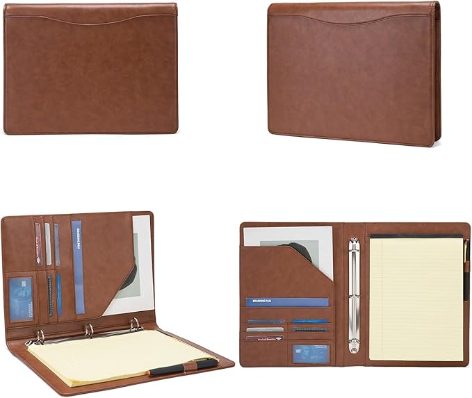 Geslun Personalized Vegan Leather 3 Ring Binder, Custom 8.5 x 11 Letter Size Folio with Pen Holder, Soft Notebook Portfolio Cover, Notepad Padfolio Organizer for Meeting, Brown
