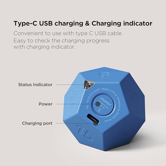 Mooas Dodecagon Time Ball Rechargeable Mini Timer (Blue), 11 Preset Times, Desk Productivity, Pomodoro, Sound/Vibrate/Mute, ADHD, Workout, Study, Cooking