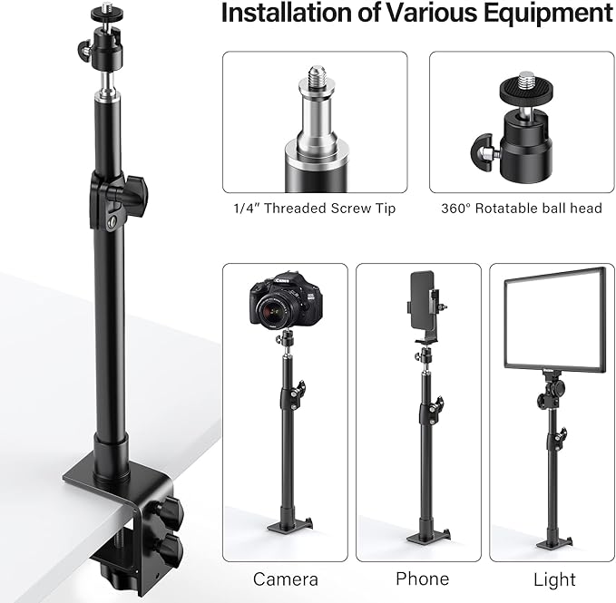 Dazzne 2-Pack Camera Desk Mount Stand with 1/4" Ball Head and Cold Shoe Mount Adapter,12.9-22" Tabletop Mounts Stand, Adjustable Aluminum Desktop Light Stand, for DSLR Camera, Ring Light, Video Light