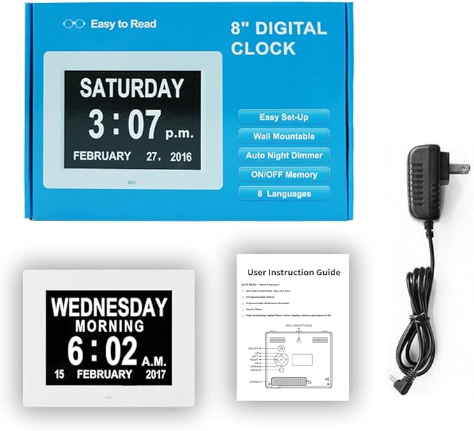 Aowasi 8 Alarms Digital Clock, Extra Large Display Wall Digital Day Calendar Clock with Non-Abbreviated Day & Month Alarm Clocks for Seniors Impaired Vision Dementia Elderly Alzheimer