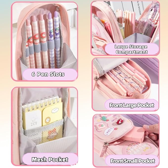 Fiaoudm Large Capacity Kawaii Pink Pencil Case & Pencil Pouch – Cute 3-Compartment Stationery Organizer for School Supplies, Office, and Travel | Ideal Gift for Girls and Art Lovers