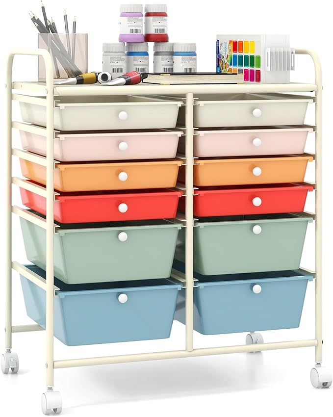 Giantex 12 Drawer Rolling Storage Cart Tools Scrapbook Paper Office School Organizer (Macaron)
