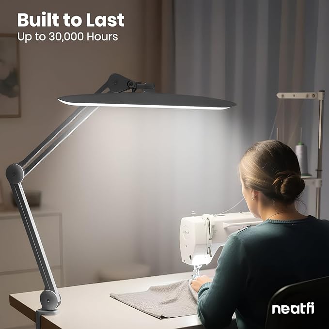 Neatfi XL 2,200 Lumens LED Desk Lamp with Clamp, 24W Bright Architect Task Lamp, 20 Inches Dimmable Computer Light, Adjustable Desk Light for Home, Office, Crafts, Nails & Hobbies (Non-CCT, Silver)