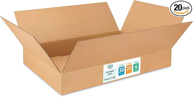 Large Shipping & Moving Boxes 30"L x 20"W x 4"H (20-Pack) - Extra Strength 200 lb vs Regular - Corrugated Durable Cardboard Boxes - Large Box for Moving - Cardboard Shipping Box by IDL Packaging